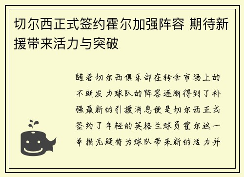 切尔西正式签约霍尔加强阵容 期待新援带来活力与突破 切尔西正式签约霍尔加强阵容 期待新援带来活力与突破